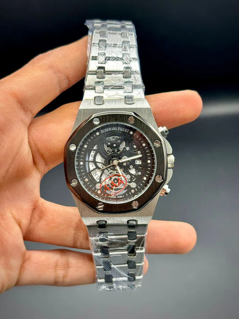 AP Luxury Sport Skeleton Watch | Black Open Dial | Brushed Steel Case