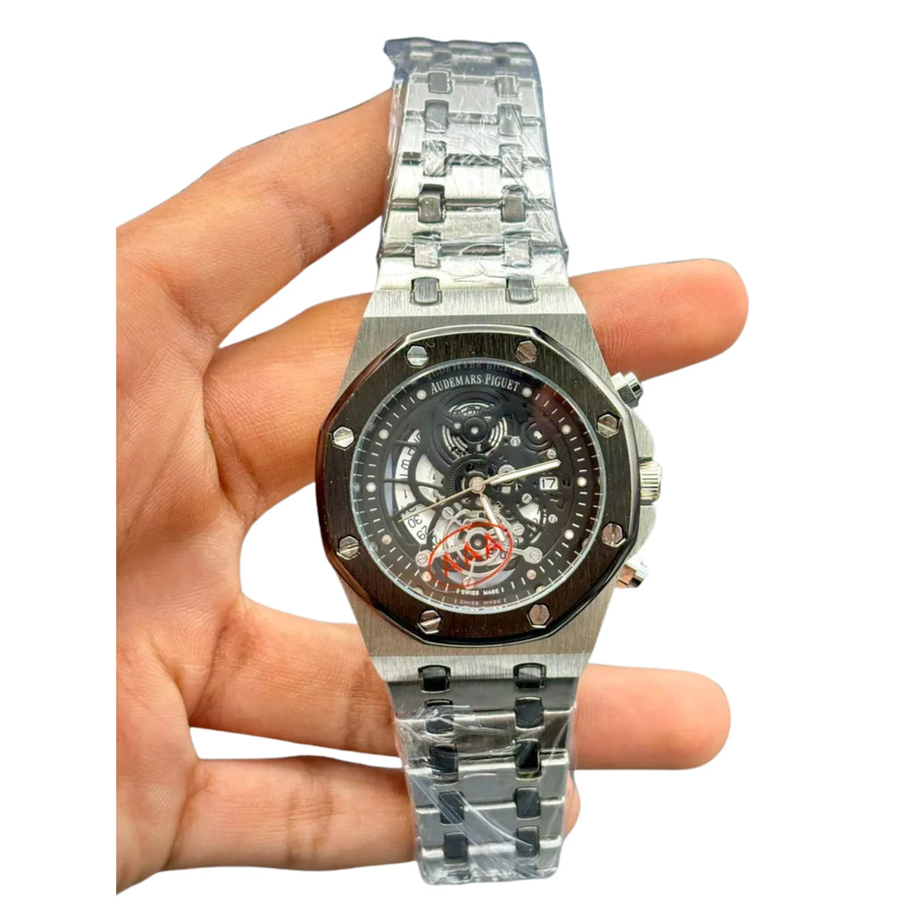 AP Luxury Sport Skeleton Watch | Black Open Dial | Brushed Steel Case
