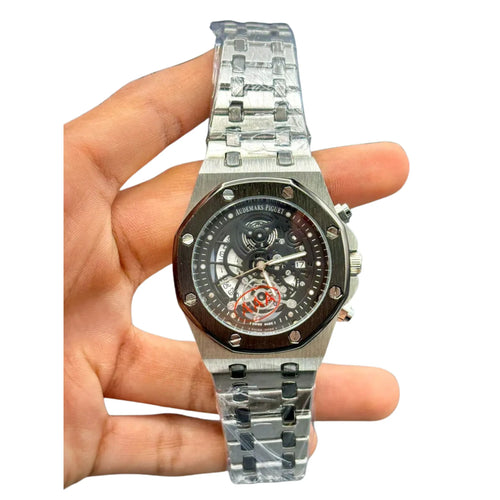 AP Luxury Sport Skeleton Watch | Black Open Dial | Brushed Steel Case