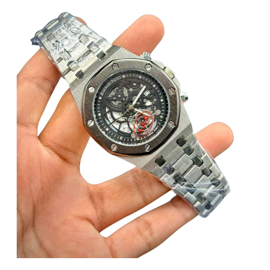 AP Luxury Sport Skeleton Watch | Black Open Dial | Brushed Steel Case