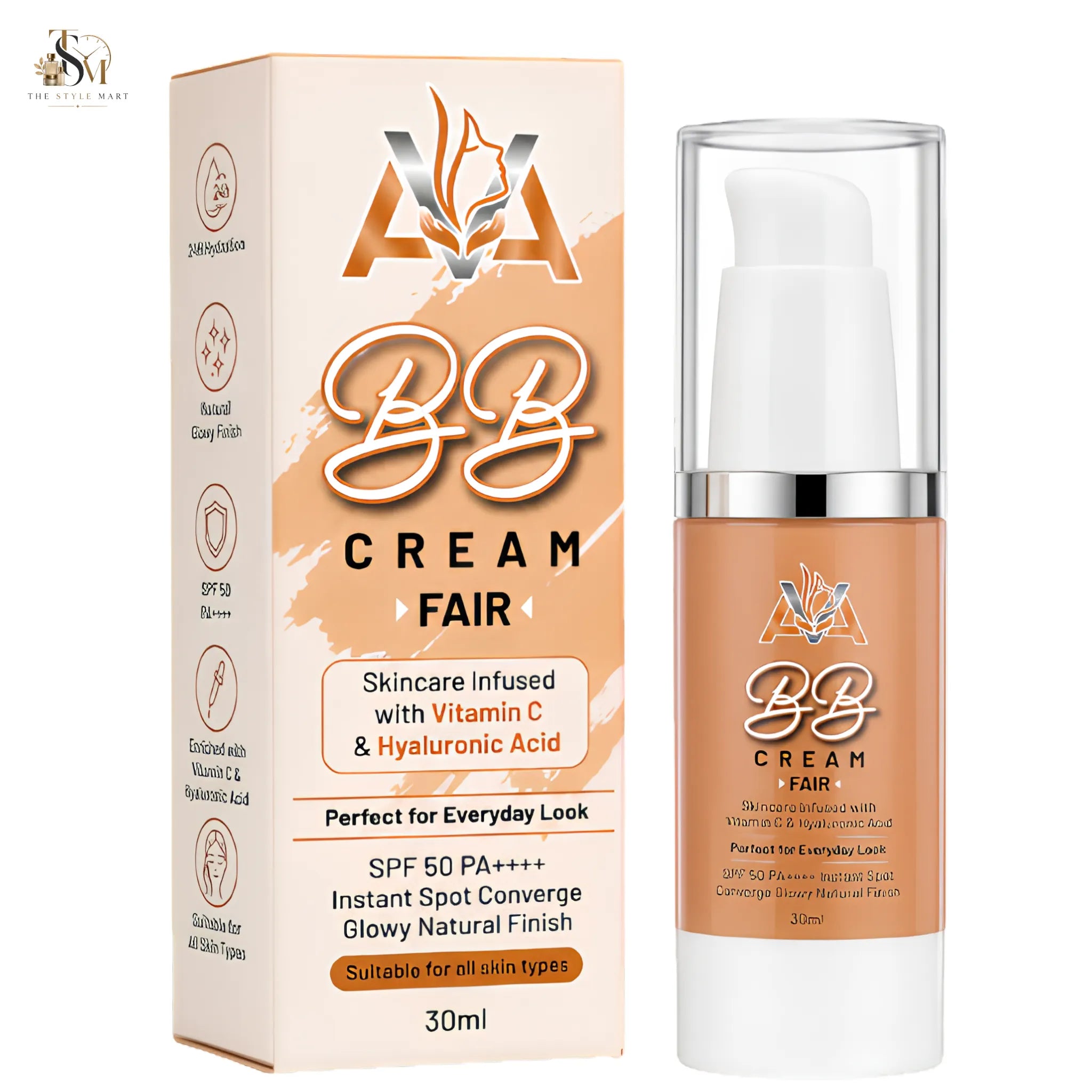 A 30ml bottle of BB Cream Fair alongside its retail box packaging, featuring a peach and white color scheme with gold and black lettering.