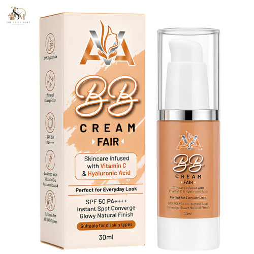 A 30ml bottle of BB Cream Fair alongside its retail box packaging, featuring a peach and white color scheme with gold and black lettering.