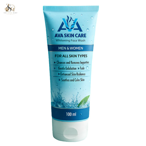 A 100 ml squeeze tube of AVA Skin Care Men & Women Whitening Face Wash, featuring a light blue and dark blue design with water droplets and a splash graphic at the bottom, set against a plain white background.