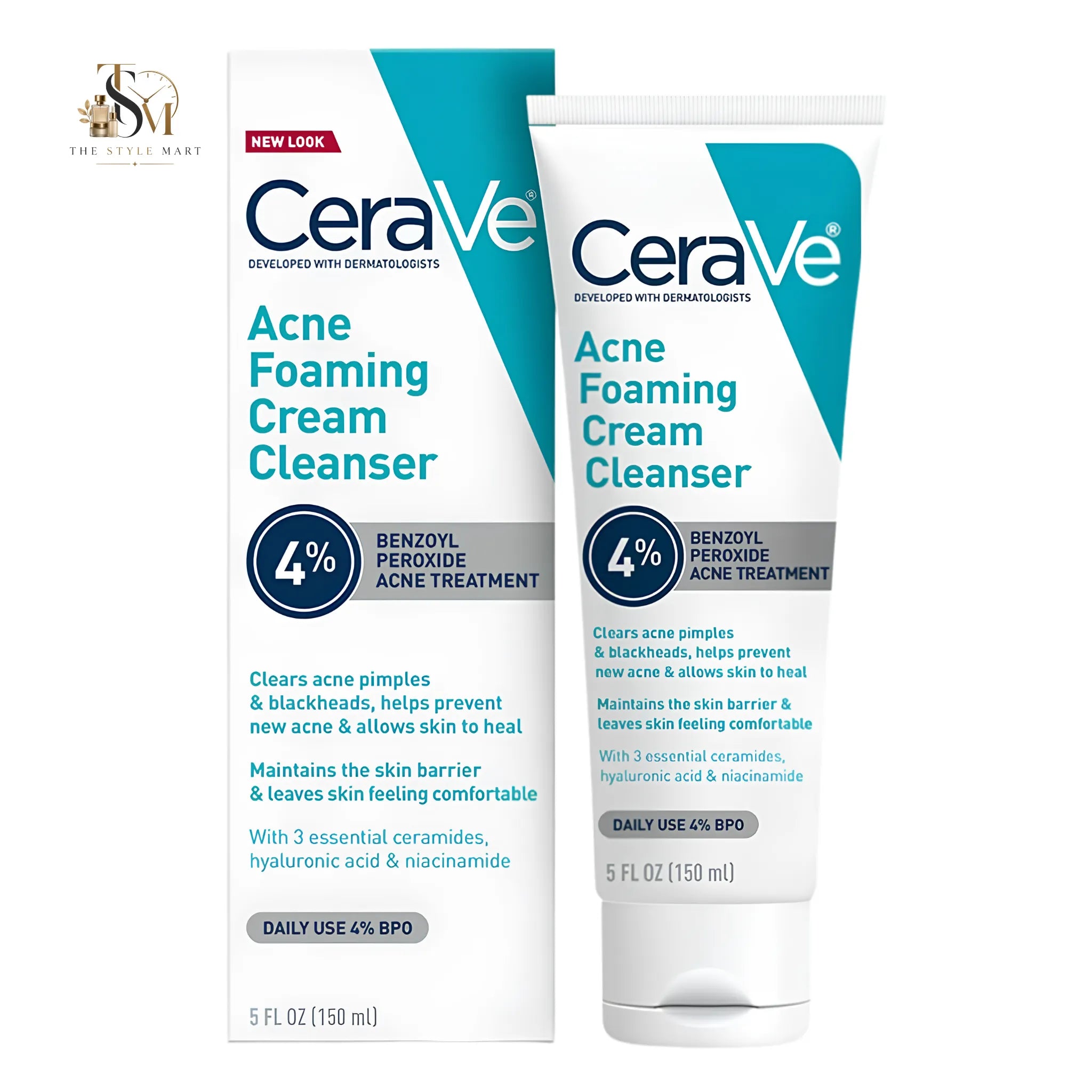 CeraVe Acne Foaming Cream Cleanser with 4% Benzoyl Peroxide for Acne-Prone Skin 150ml