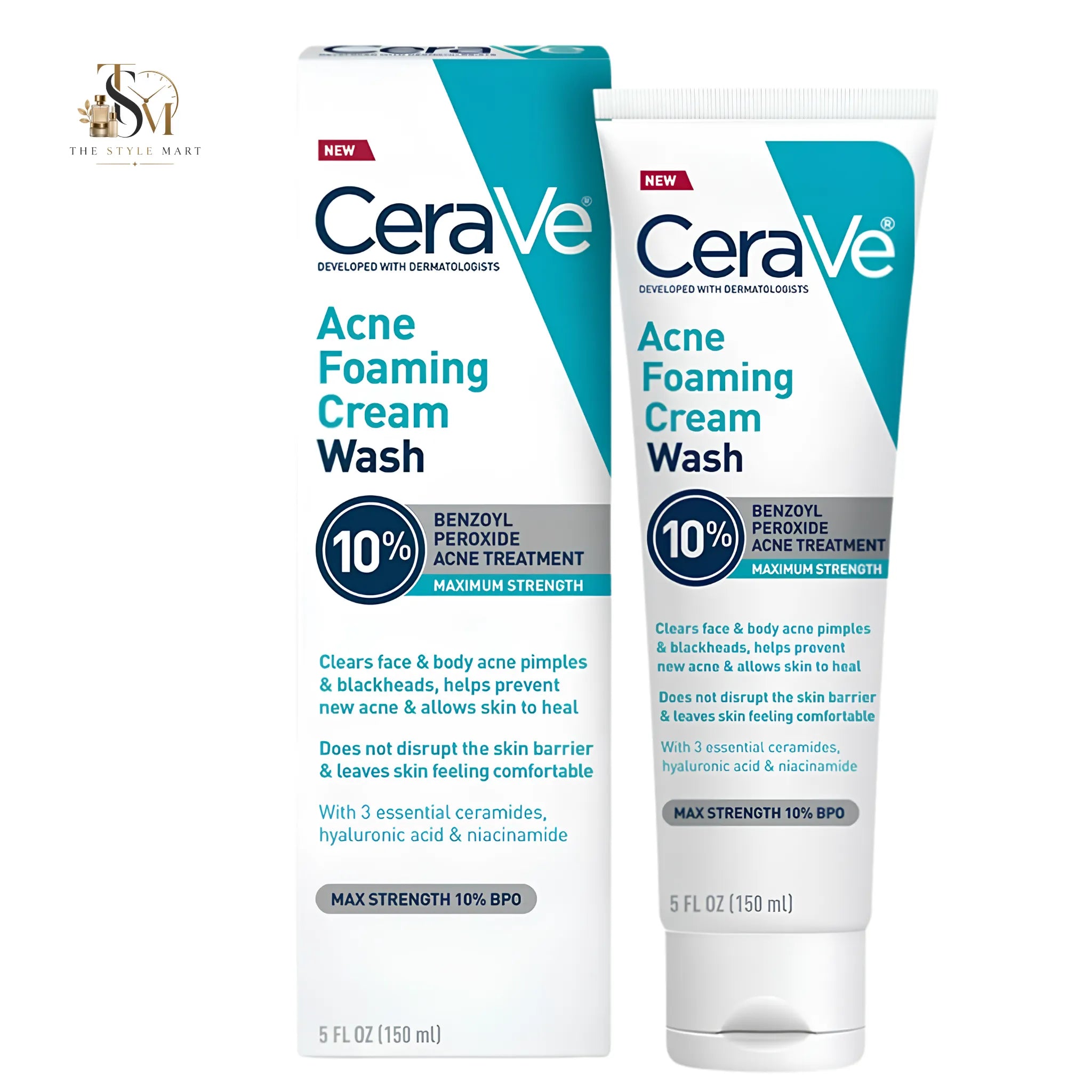 CeraVe Acne Foaming Cream Wash with 10% Benzoyl Peroxide for Face & Body 150ml