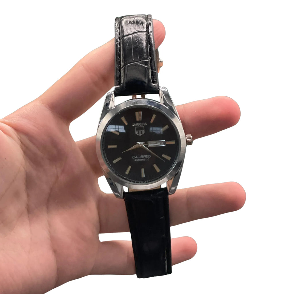 CARA Black Dial Day-Date Automatic Watch with Polished Silver Case and Leather Strap