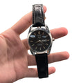CARA Black Dial Day-Date Automatic Watch with Polished Silver Case and Leather Strap