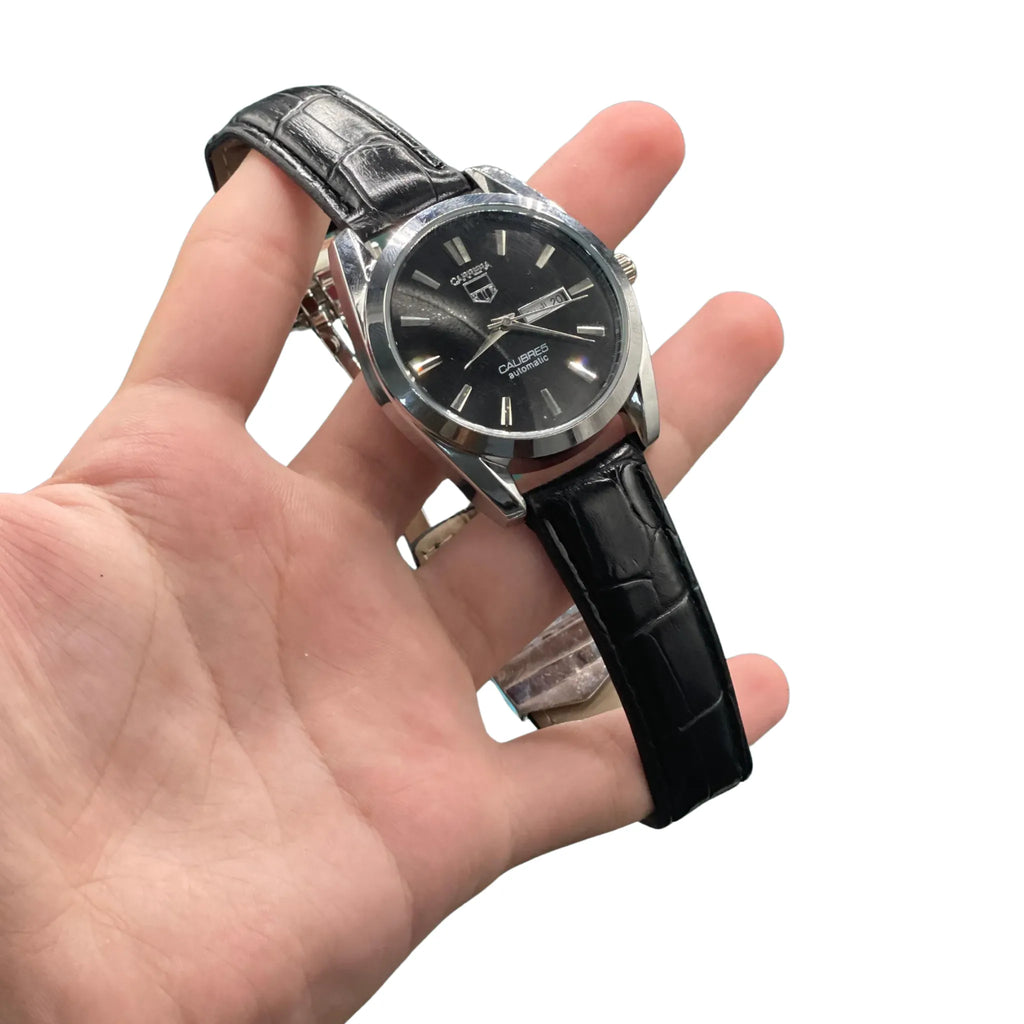 CARA Black Dial Day-Date Automatic Watch with Polished Silver Case and Leather Strap