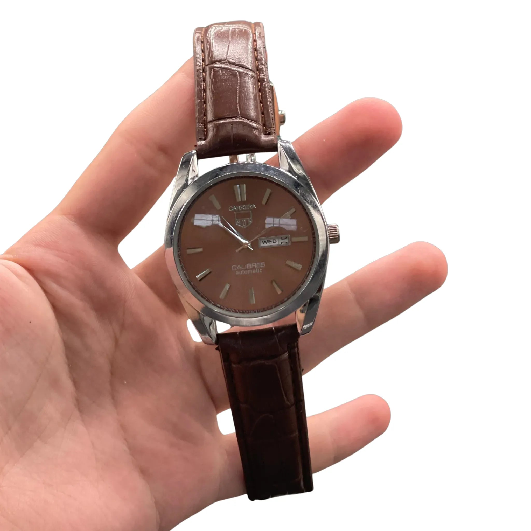 CARA Classic Brown Dial Day-Date Automatic Watch with Silver Case and Leather Strap