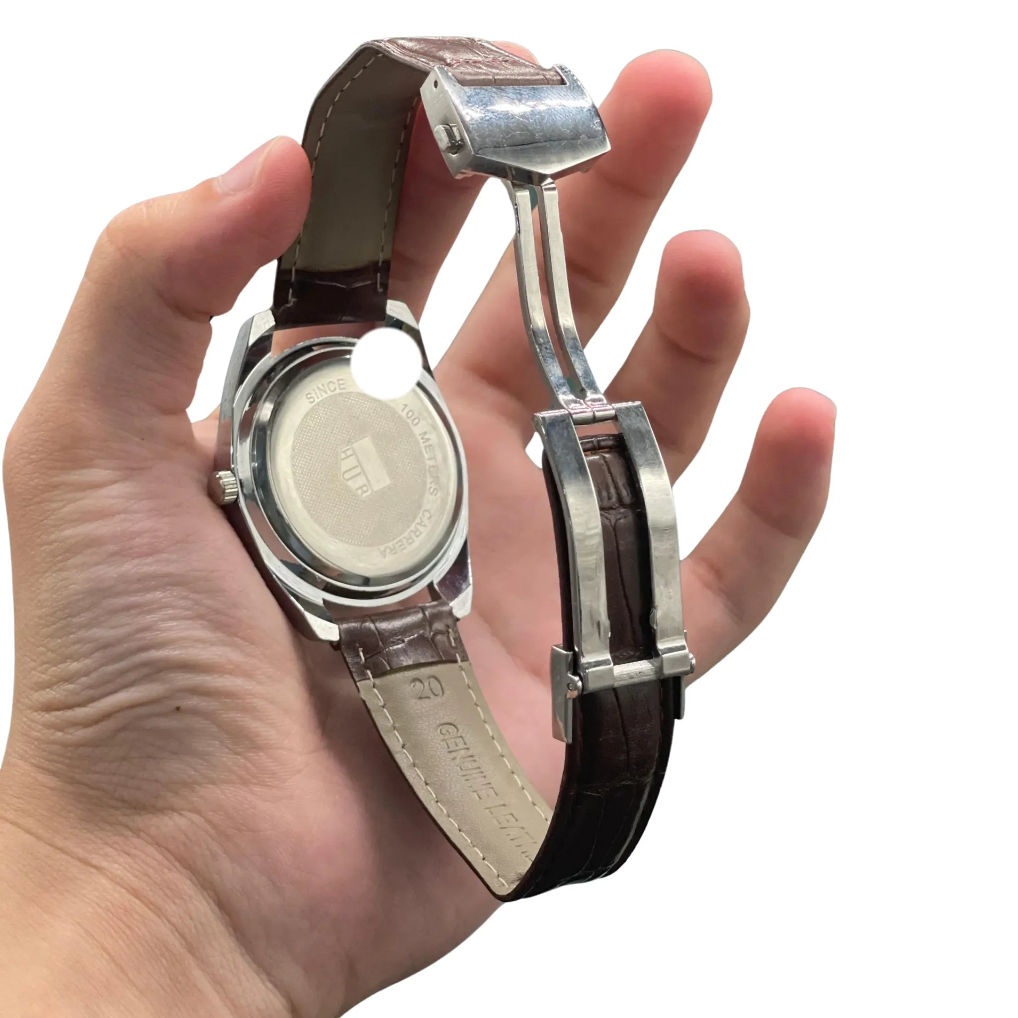 CARA Classic Brown Dial Day-Date Automatic Watch with Silver Case and Leather Strap