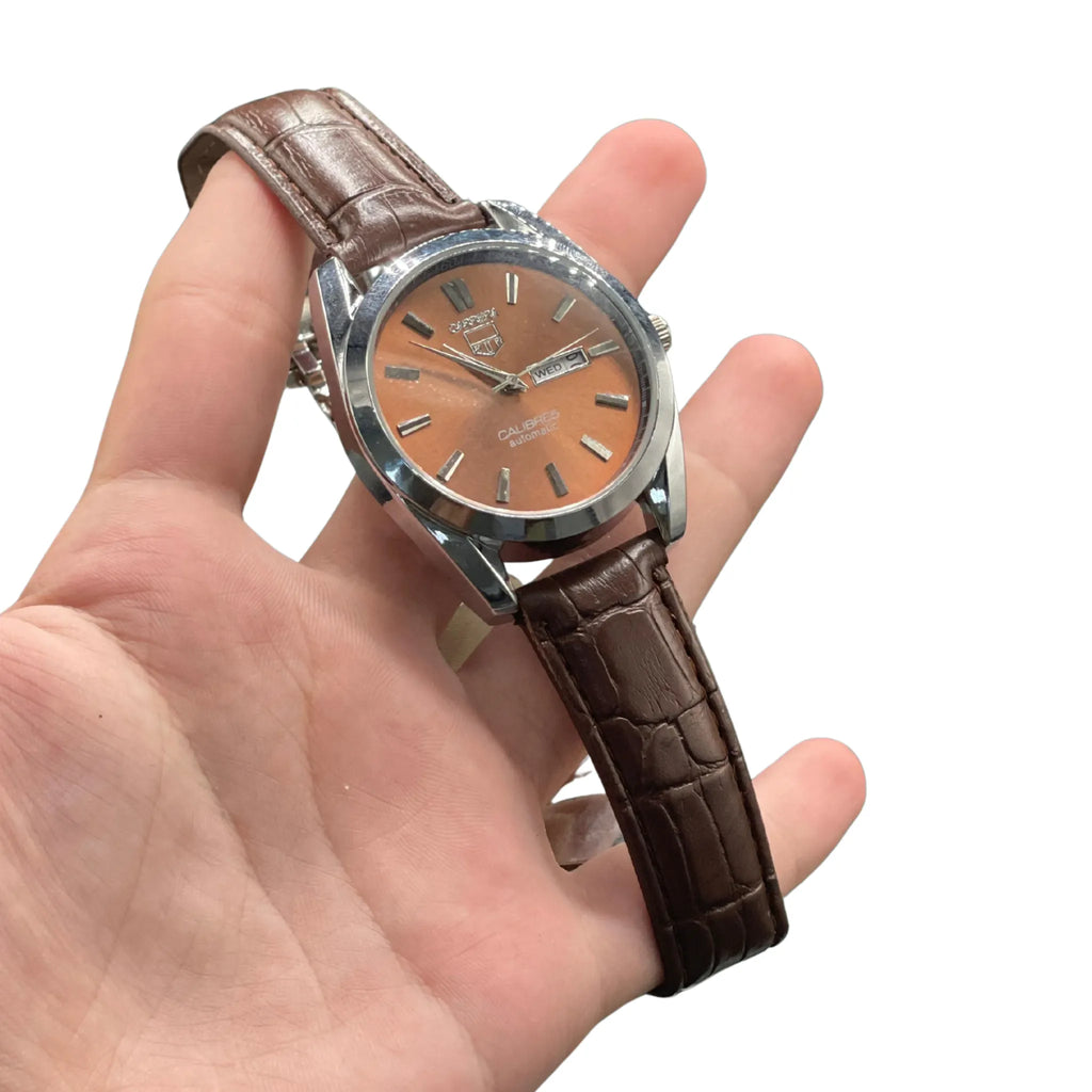 CARA Classic Brown Dial Day-Date Automatic Watch with Silver Case and Leather Strap