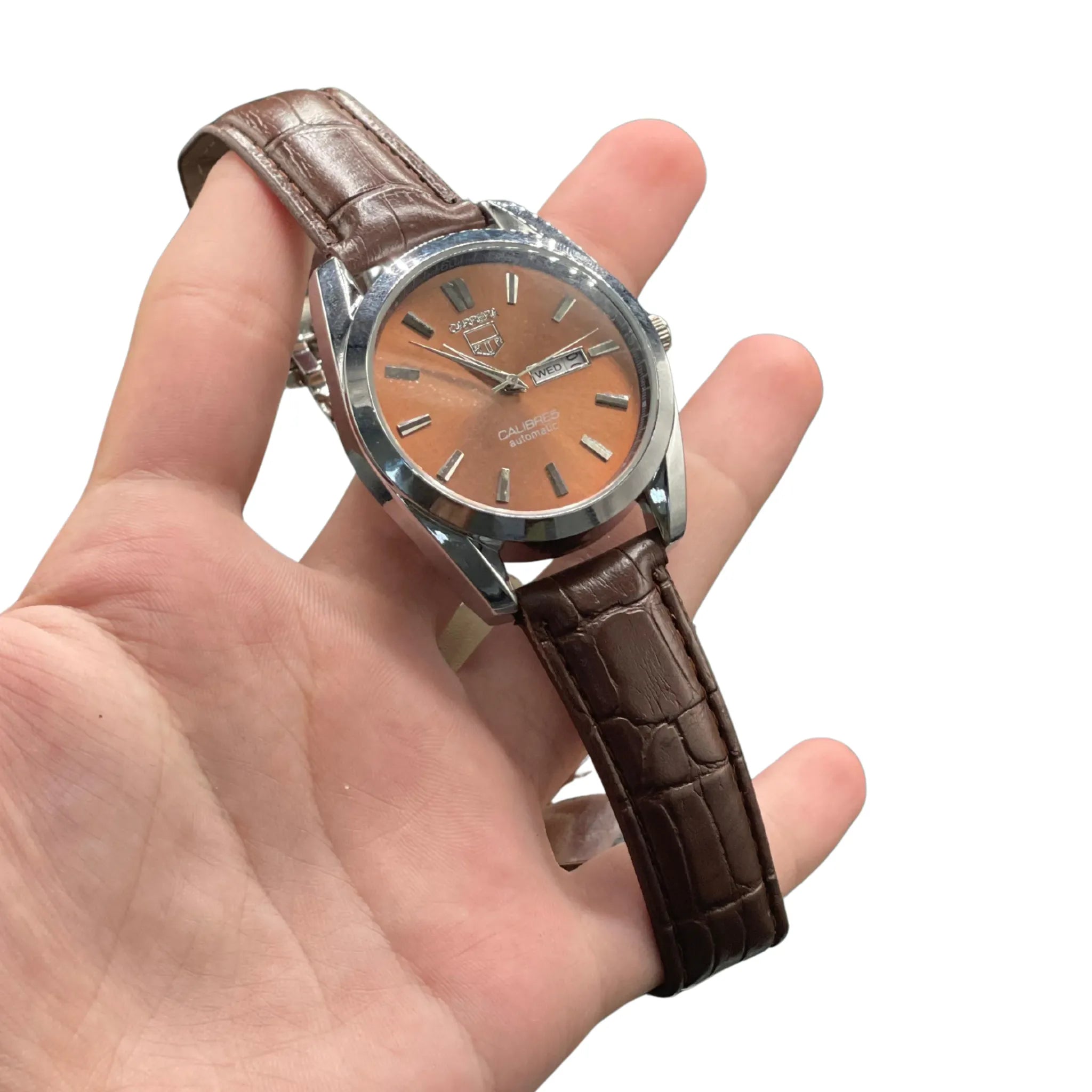 CARA Classic Brown Dial Day-Date Automatic Watch with Silver Case and Leather Strap