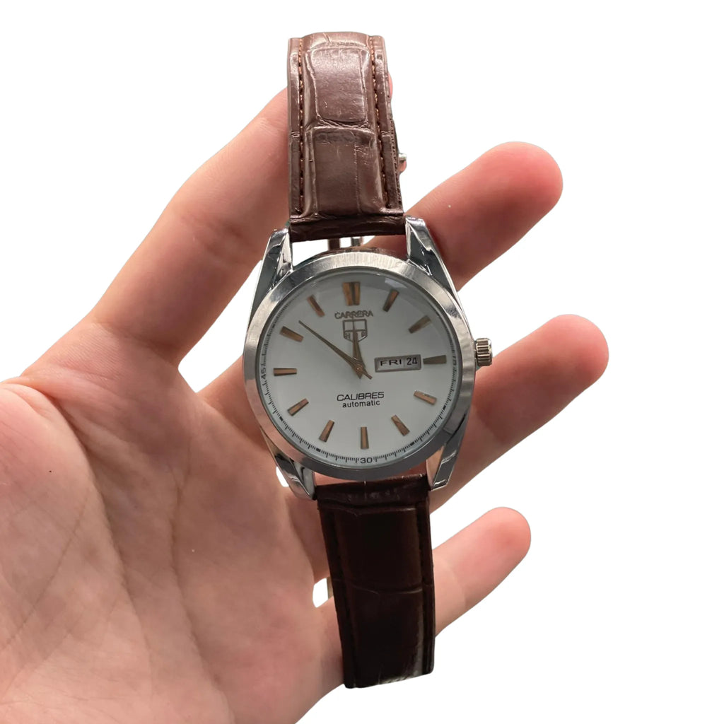 CARA Silver Dial Day-Date Automatic Watch with Polished Case and Brown Leather Strap