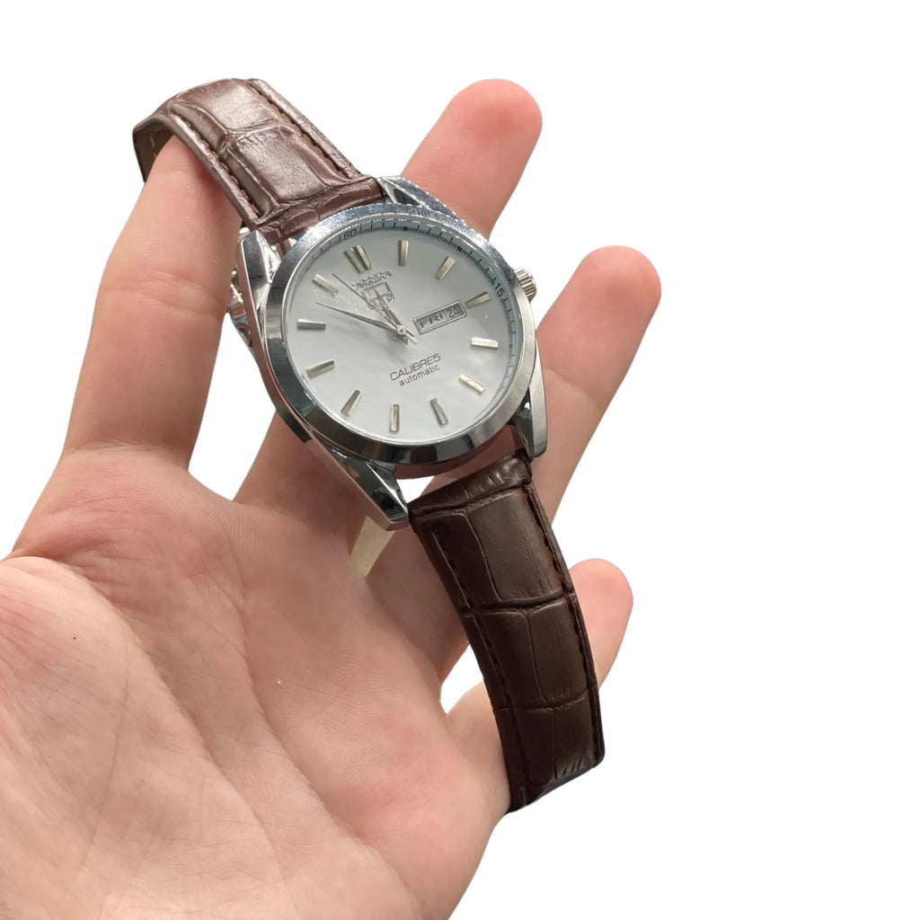 CARA Silver Dial Day-Date Automatic Watch with Polished Case and Brown Leather Strap