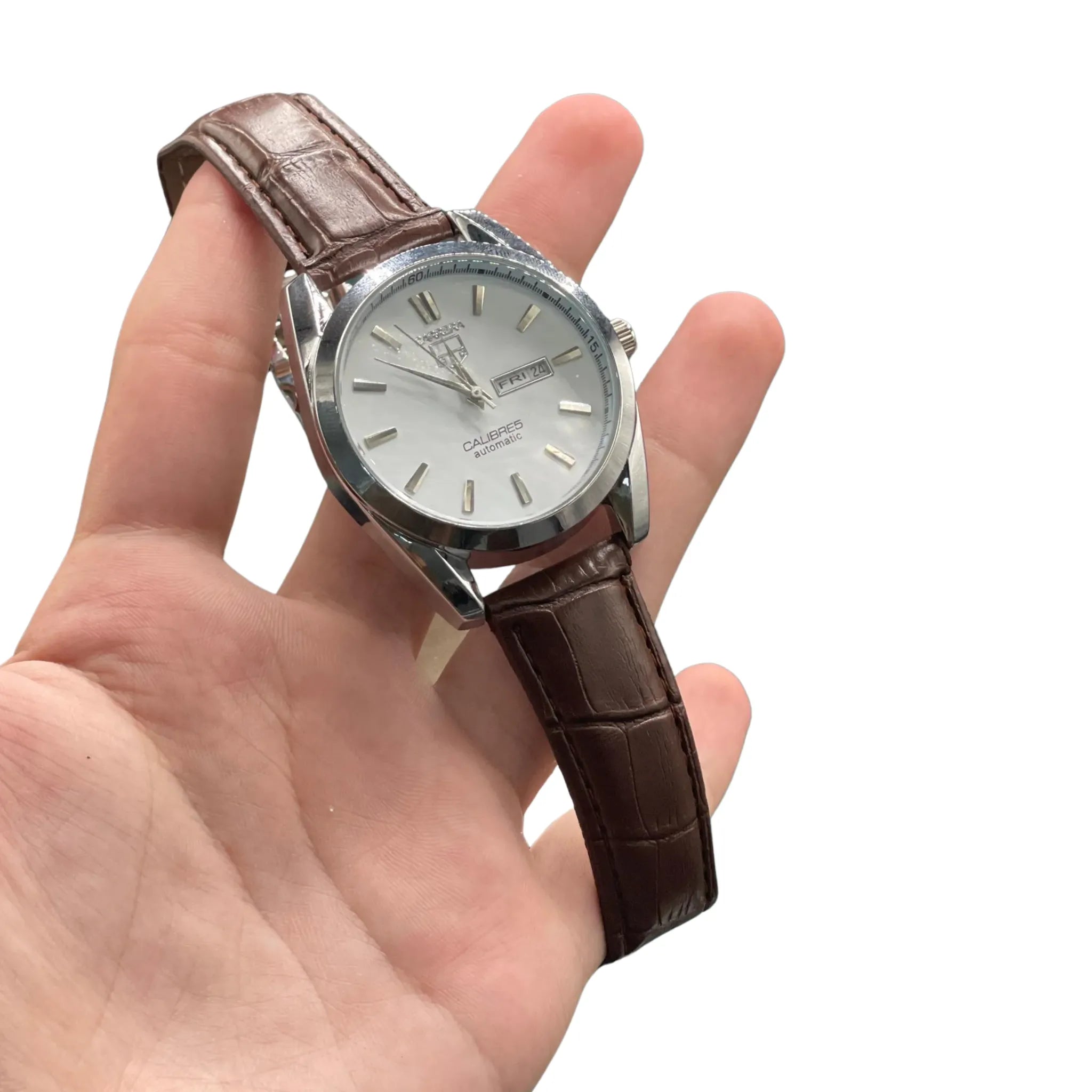 CARA Silver Dial Day-Date Automatic Watch with Polished Case and Brown Leather Strap