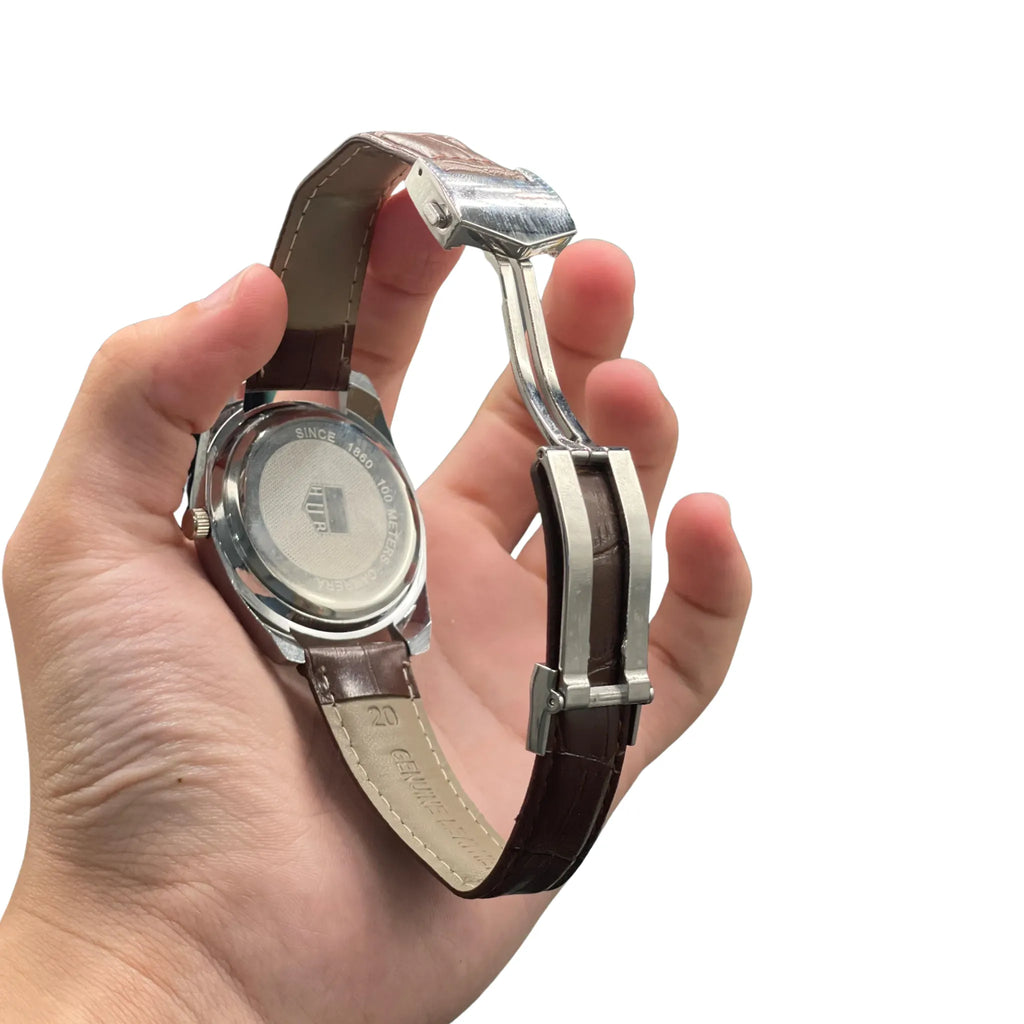 CARA Silver Dial Day-Date Automatic Watch with Polished Case and Brown Leather Strap