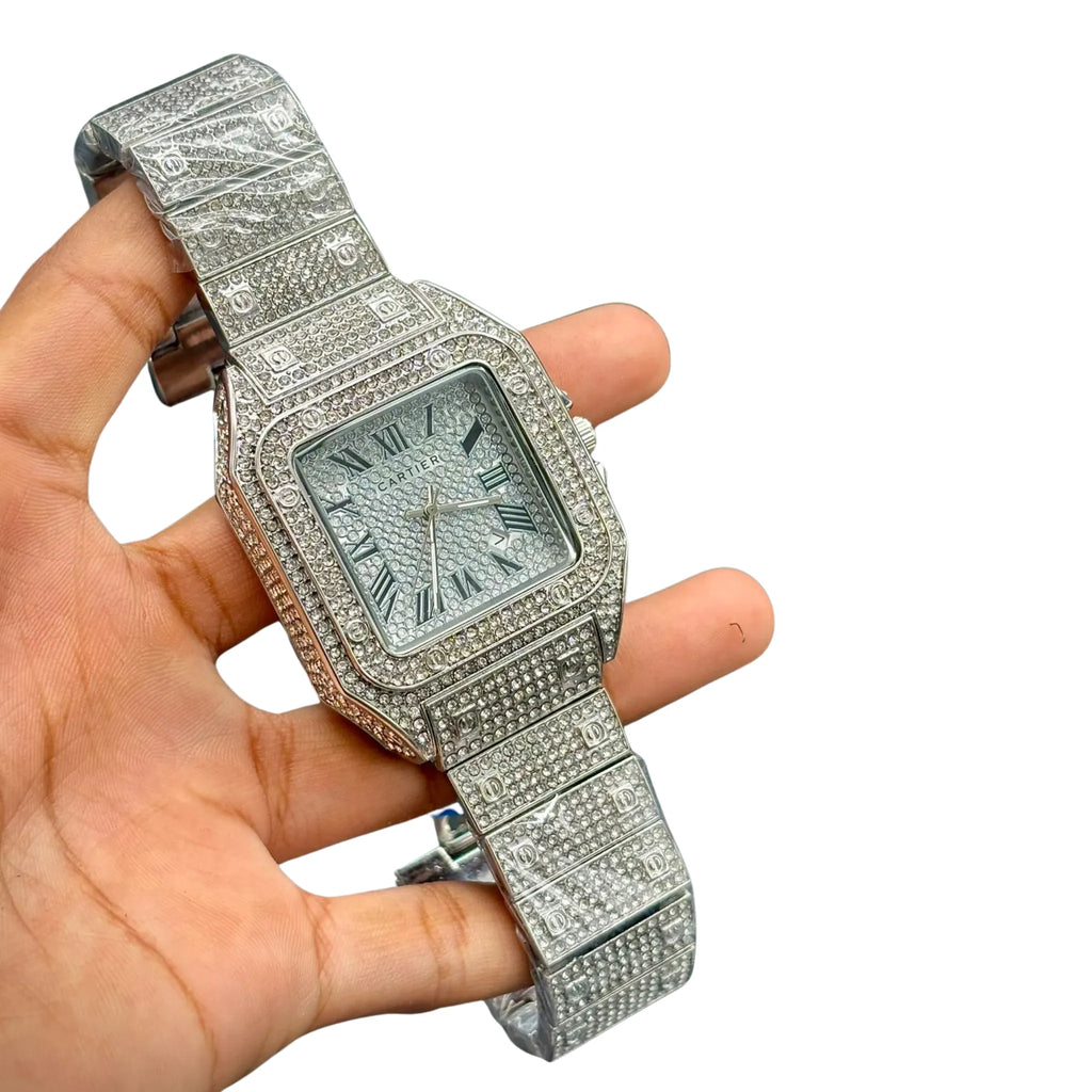 CTR Full Iced-Out Square Watch – Silver Diamond Style _ Luxury Statement Piece