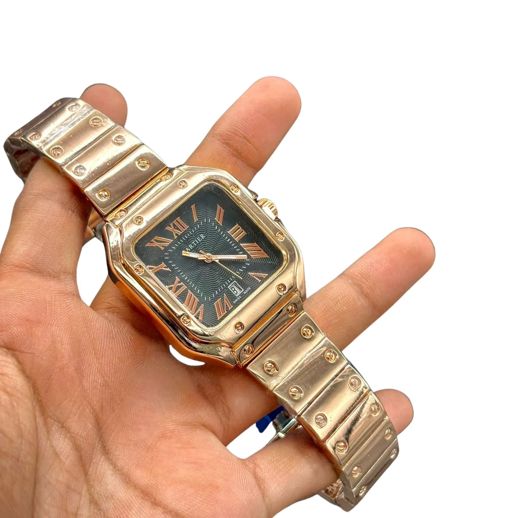 CTR Rose Gold Square Watch – Black Dial Roman Numbers _ Premium Metal Bracelet