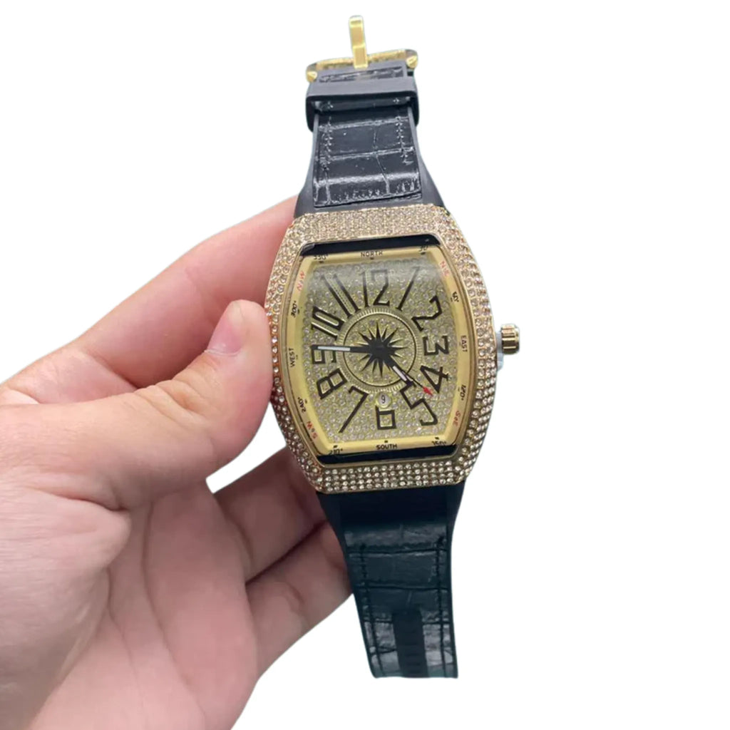 FM Black Leather Strap With Golden Diamond Dial Watch