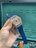 FM Blue Leather Strap With Golden Diamond Dial Watch