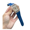 FM Blue Leather Strap With Golden Diamond Dial Watch