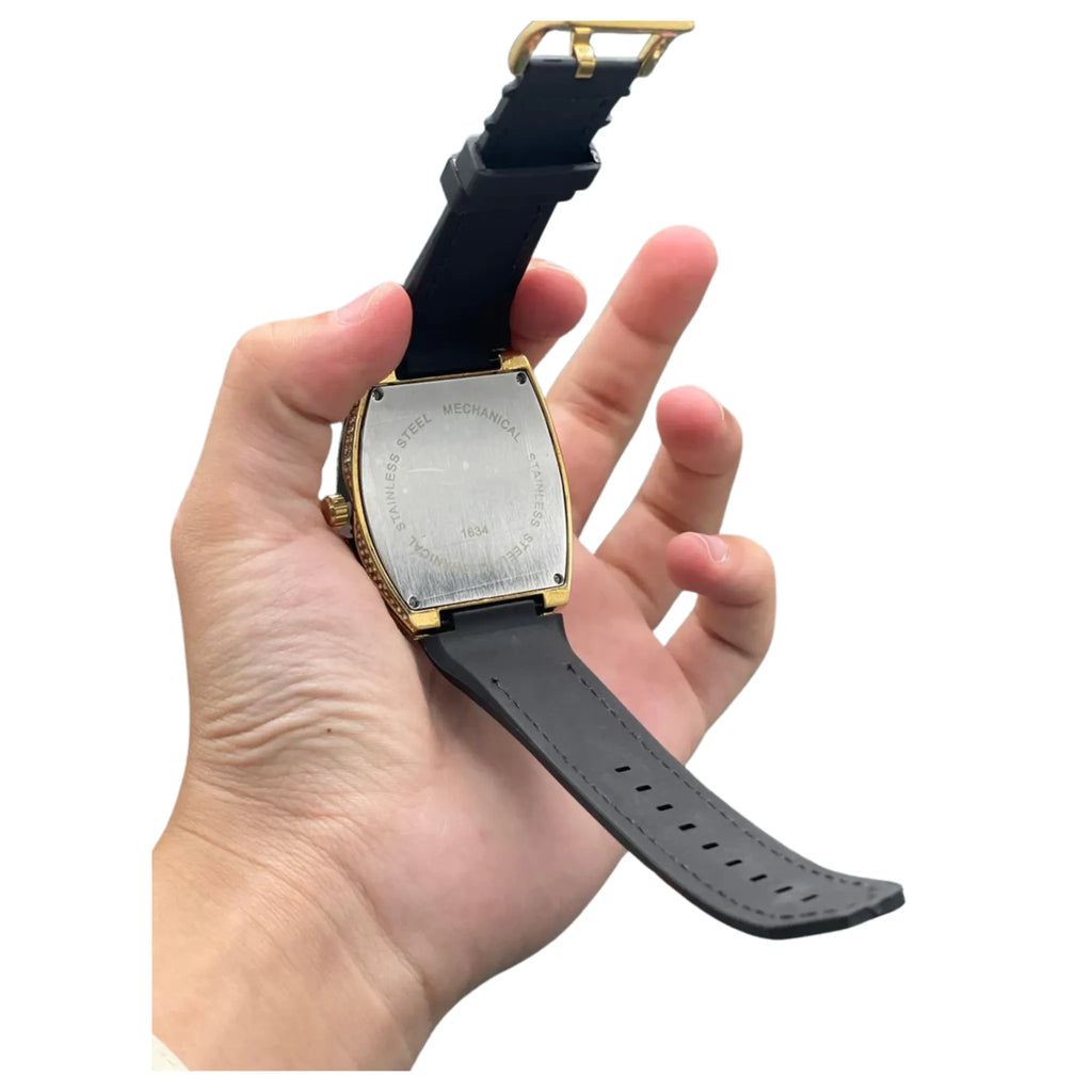 FM Black Leather Strap With Golden Diamond Dial Watch
