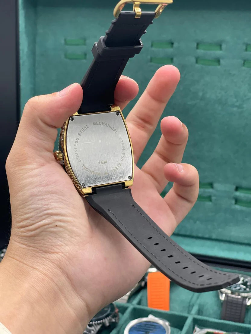 FM Black Leather Strap With Golden Diamond Dial Watch