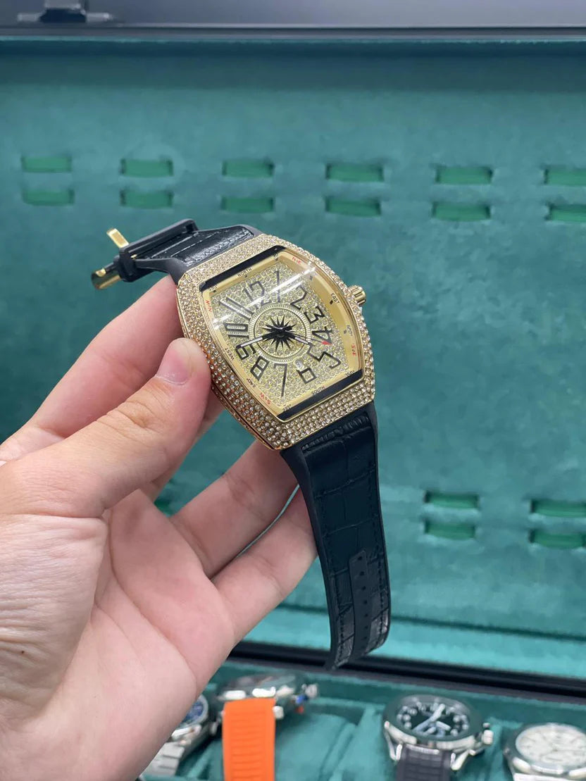 FM Black Leather Strap With Golden Diamond Dial Watch
