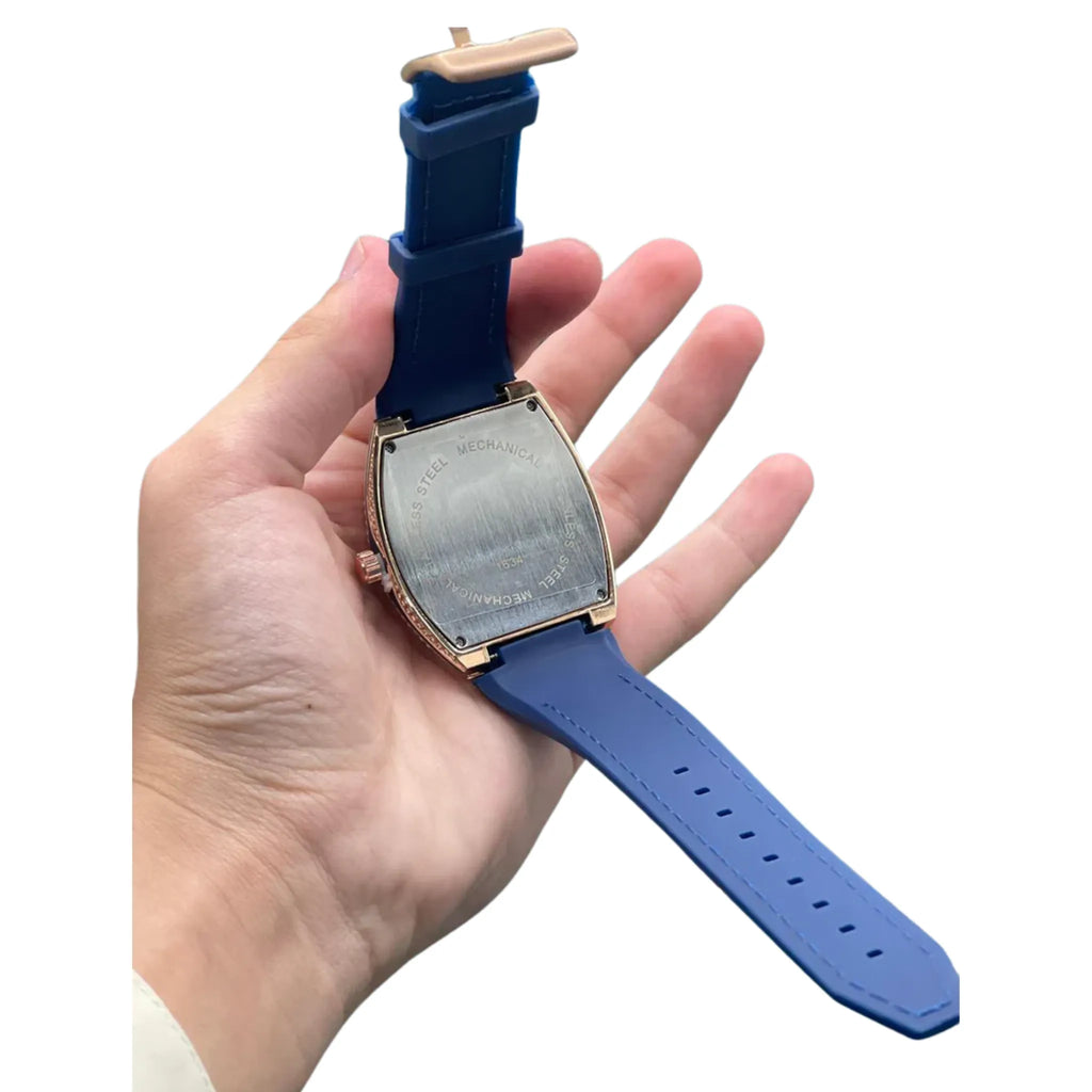 FM Blue Leather Strap With Golden Diamond Dial Watch