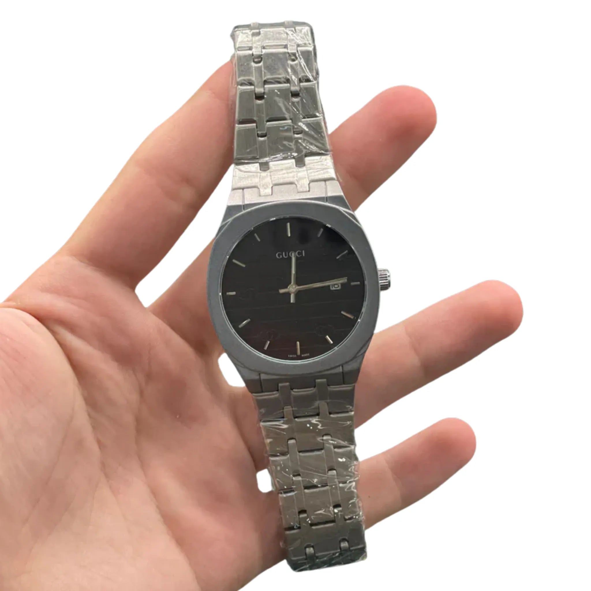 GUCI Silver Stainless Steel Black Textured Dial Luxury Watch – Sport Edition