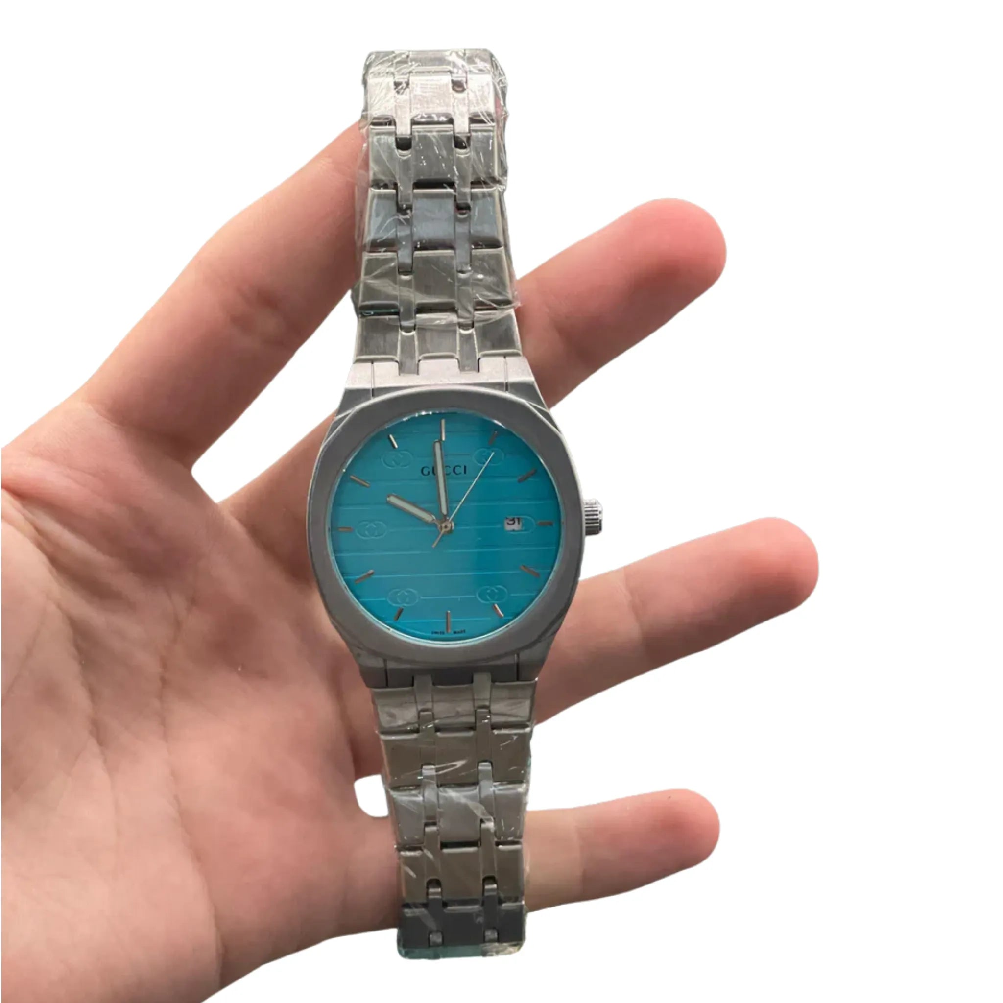 GUCI Silver Stainless Steel Turquoise Blue Dial Luxury Watch – Sport Edition