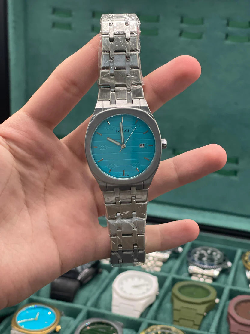 GUCI Silver Stainless Steel Turquoise Blue Dial Luxury Watch – Sport Edition