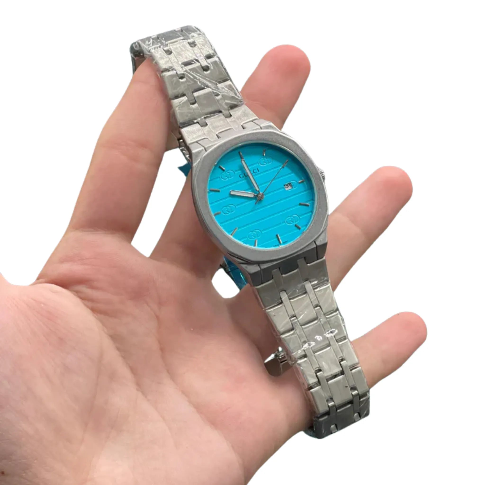 GUCI Silver Stainless Steel Turquoise Blue Dial Luxury Watch – Sport Edition