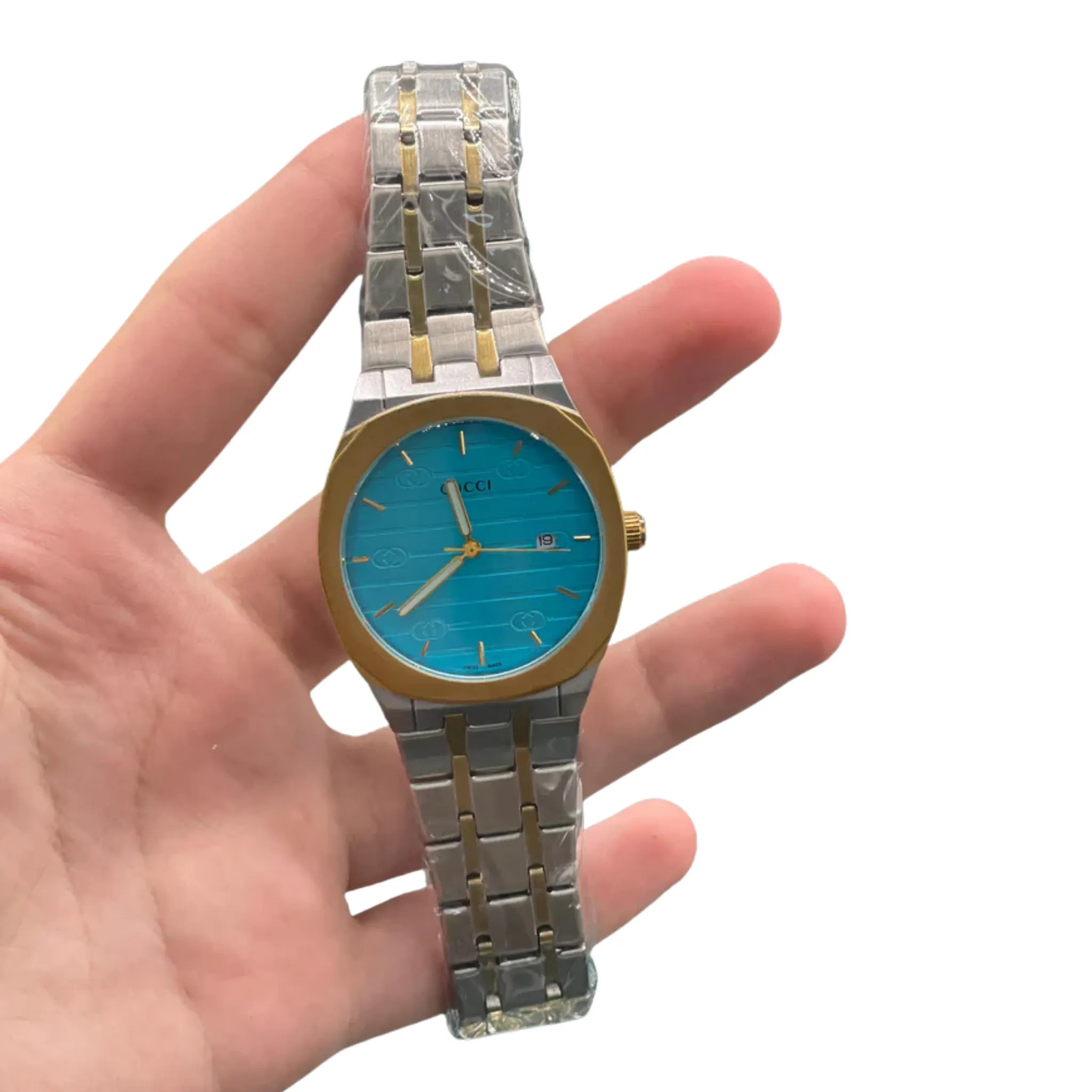 GUCI Two Tone Gold Silver Turquoise Blue Dial Luxury Watch – Sport Edition