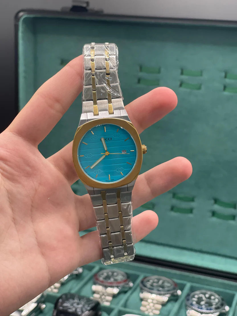 GUCI Two Tone Gold Silver Turquoise Blue Dial Luxury Watch – Sport Edition