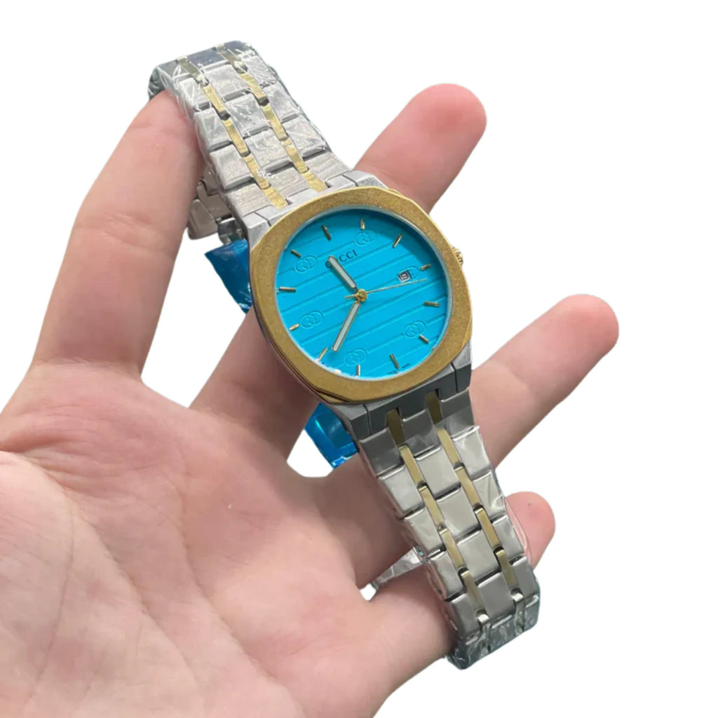 GUCI Two Tone Gold Silver Turquoise Blue Dial Luxury Watch – Sport Edition