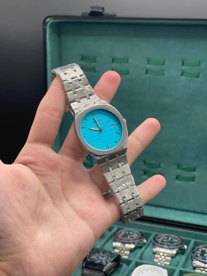 GUCI Silver Stainless Steel Turquoise Blue Dial Luxury Watch – Sport Edition