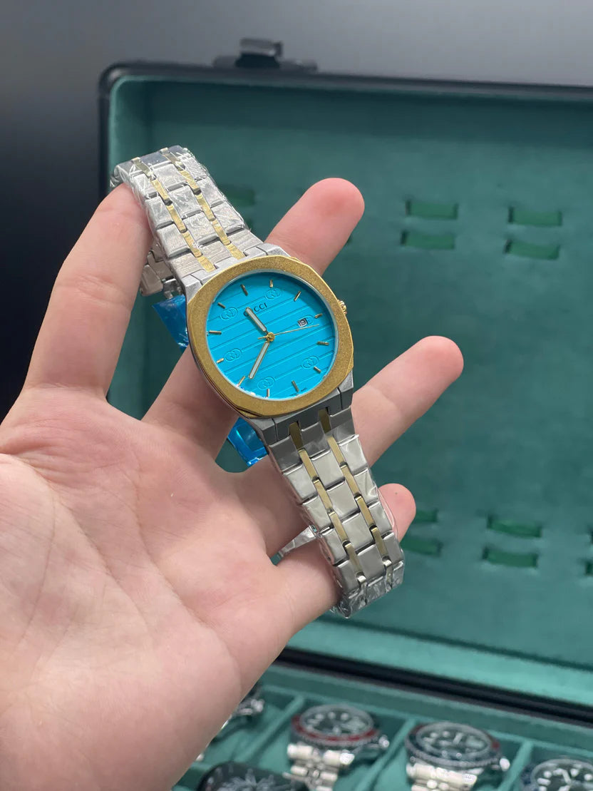 GUCI Two Tone Gold Silver Turquoise Blue Dial Luxury Watch – Sport Edition