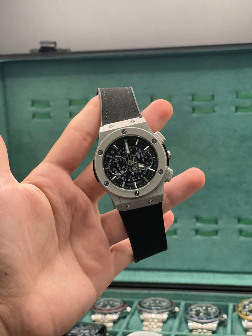 HB Black Strap Black Dial Chronograph Watch – Matte Gray Luxury Edition