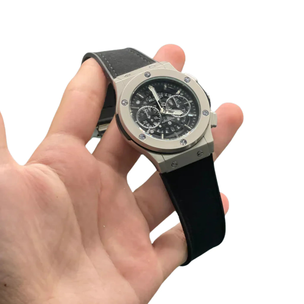 HB Black Strap Black Dial Chronograph Watch – Matte Gray Luxury Edition