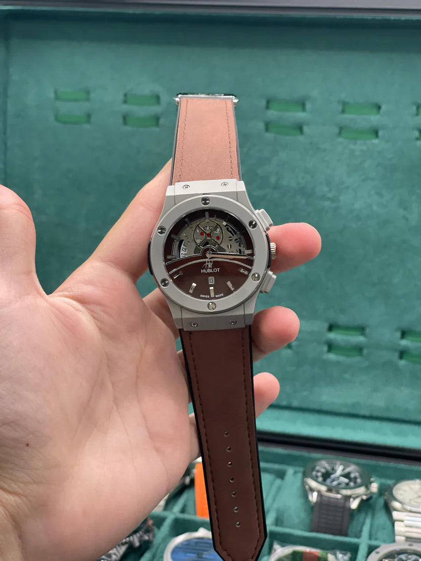HB Brown Leather Strap Brown Skeleton Dial Automatic Watch – Matte Gray Luxury Edition