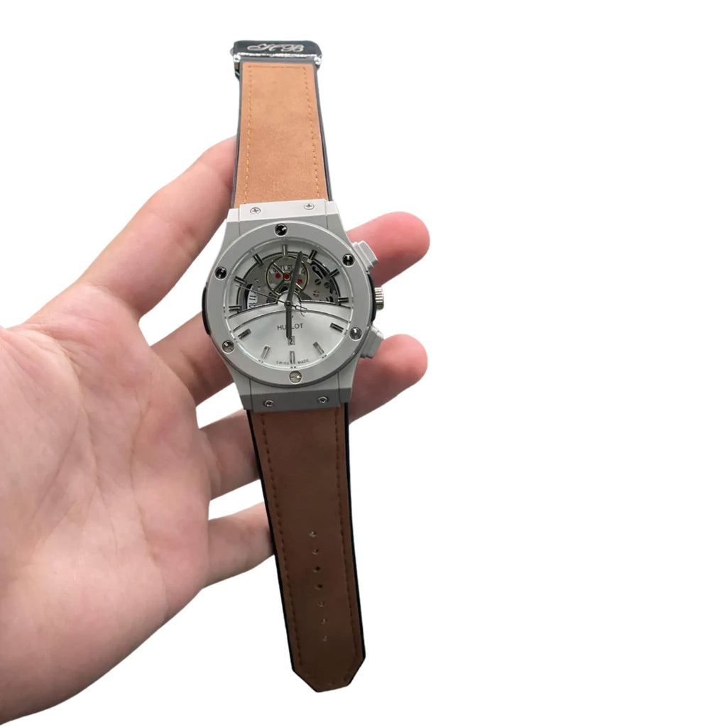 HB Brown Leather Strap Silver Skeleton Dial Chronograph Watch – Matte Gray Luxury Edition