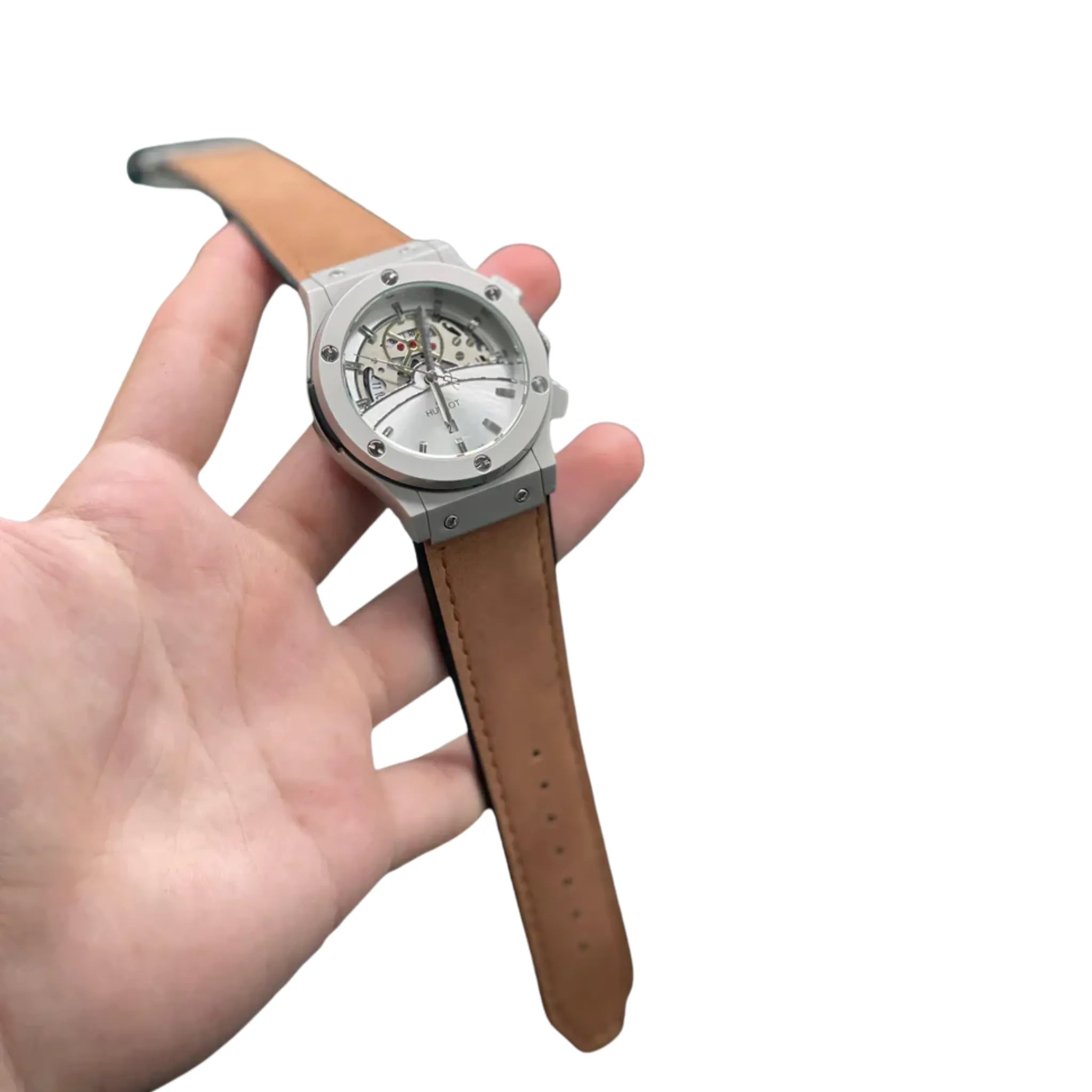 HB Brown Leather Strap Silver Skeleton Dial Chronograph Watch – Matte Gray Luxury Edition