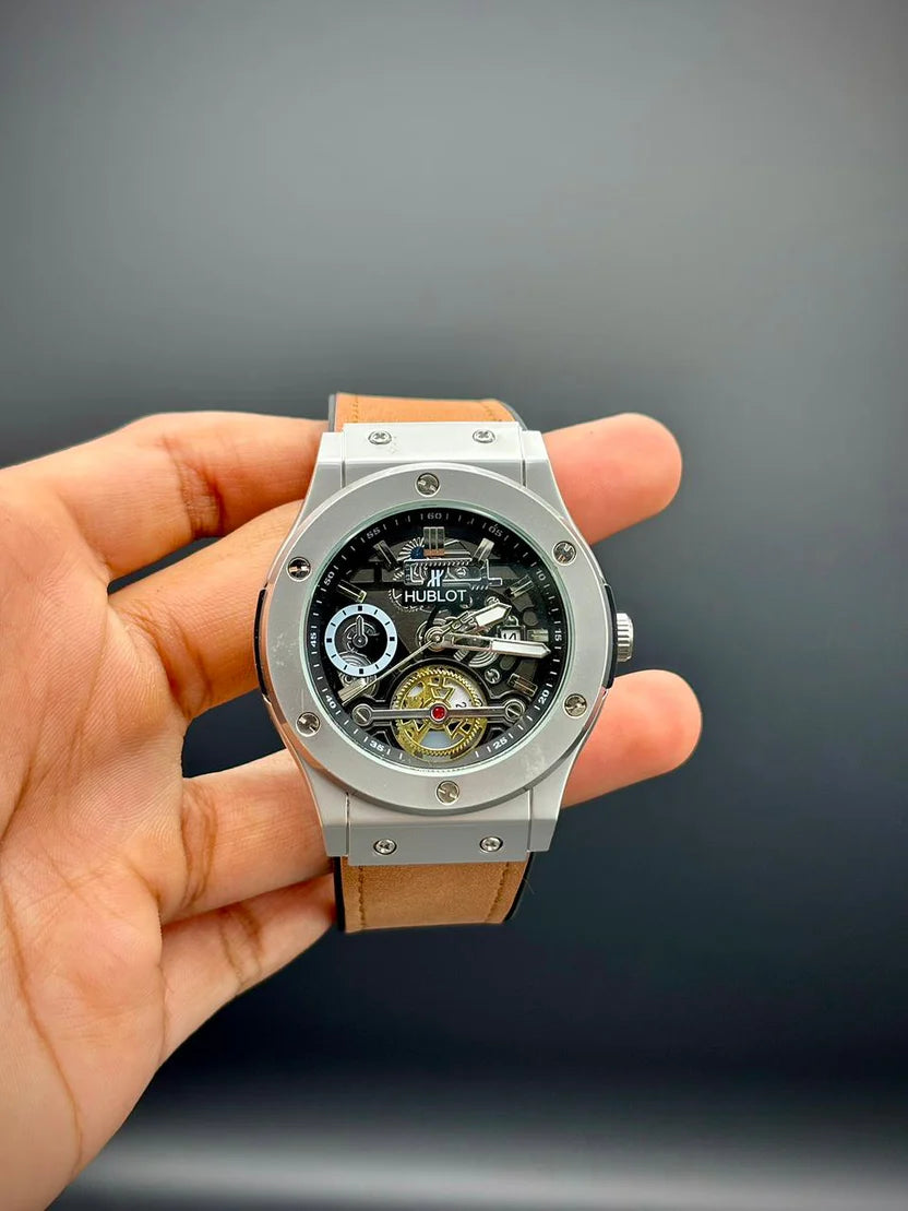 HB Brown Strap Black Unique Dial Watch – Modern Classic Edition