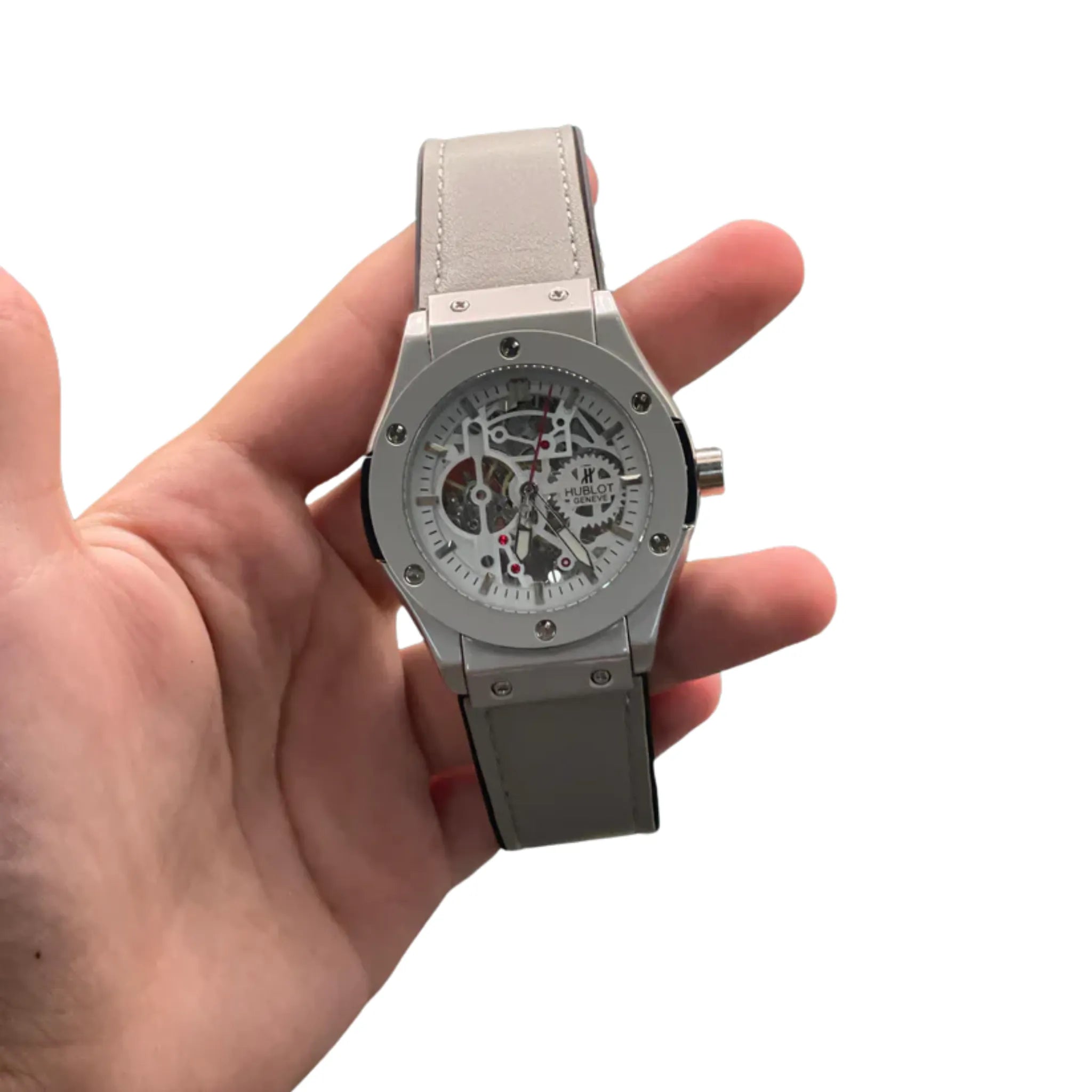 HB Gray Leather Strap Gray Skeleton Automatic Watch – Modern Luxury Edition