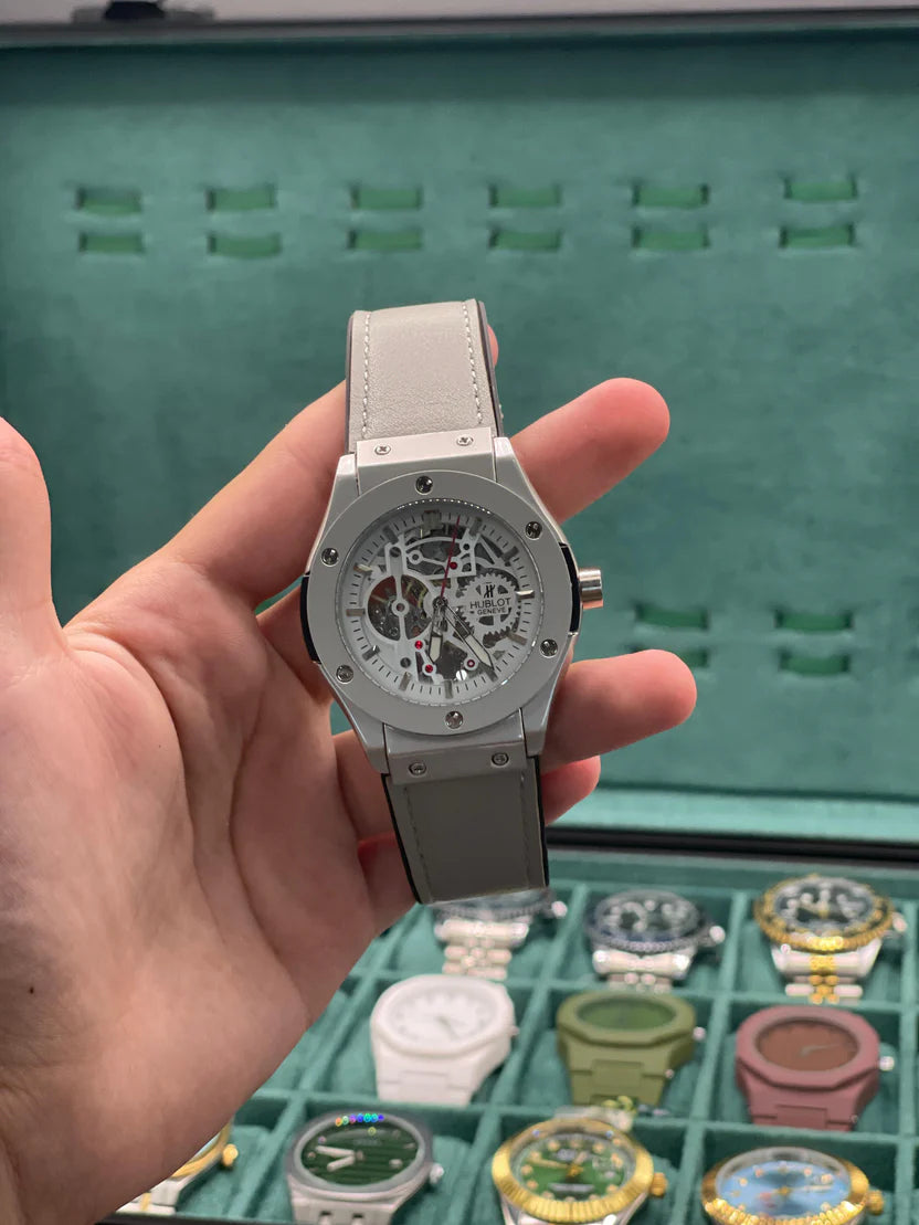 HB Gray Leather Strap Gray Skeleton Automatic Watch – Modern Luxury Edition