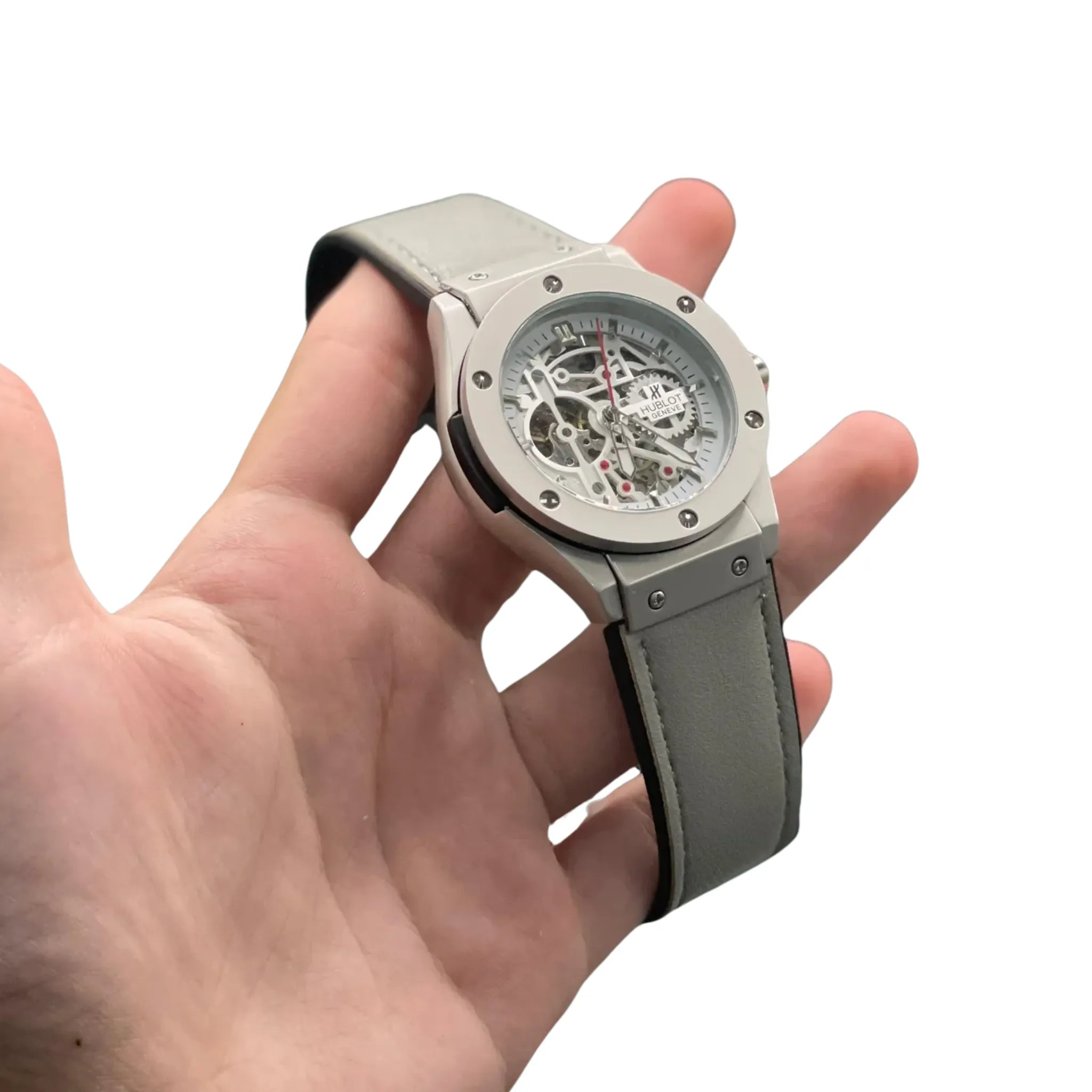 HB Gray Leather Strap Gray Skeleton Automatic Watch – Modern Luxury Edition
