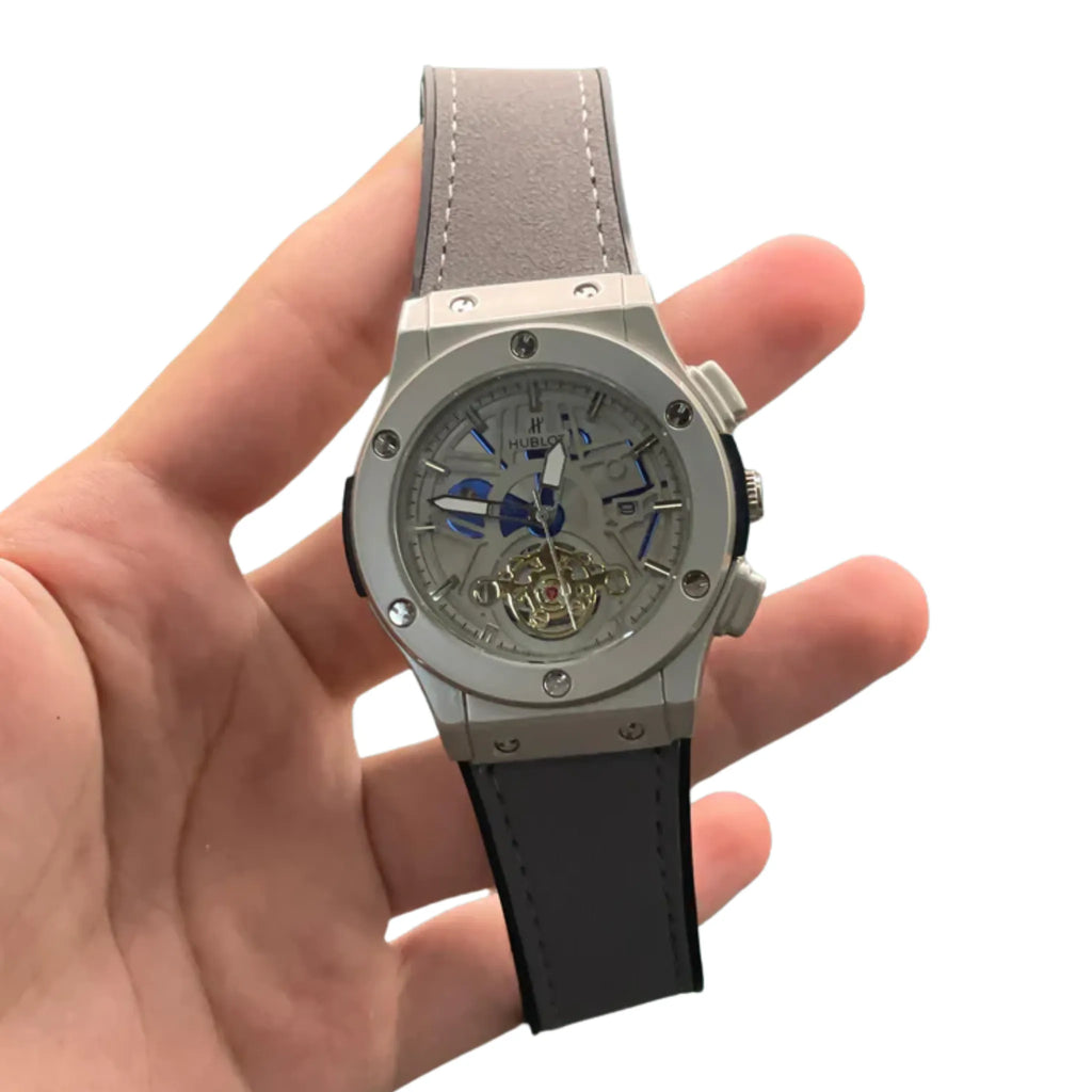 HB Gray Leather Strap Gray Skeleton Dial Automatic Watch – Blue Accent Luxury Edition