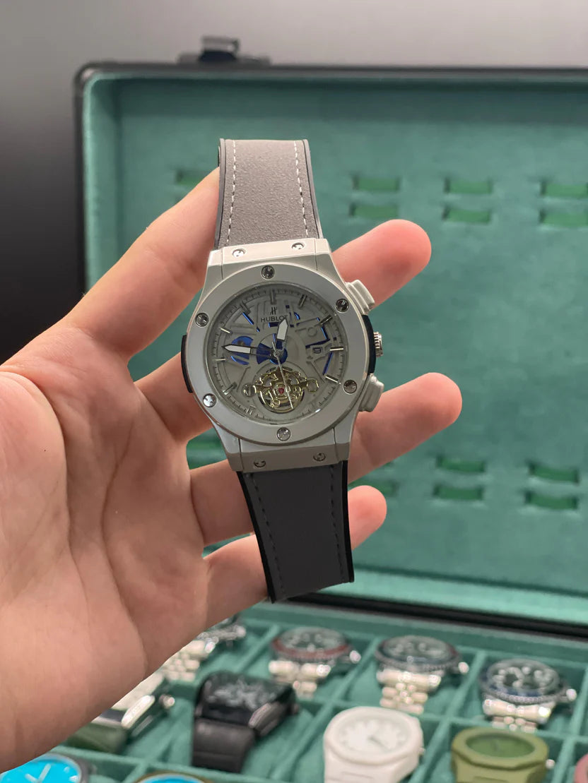 HB Gray Leather Strap Gray Skeleton Dial Automatic Watch – Blue Accent Luxury Edition