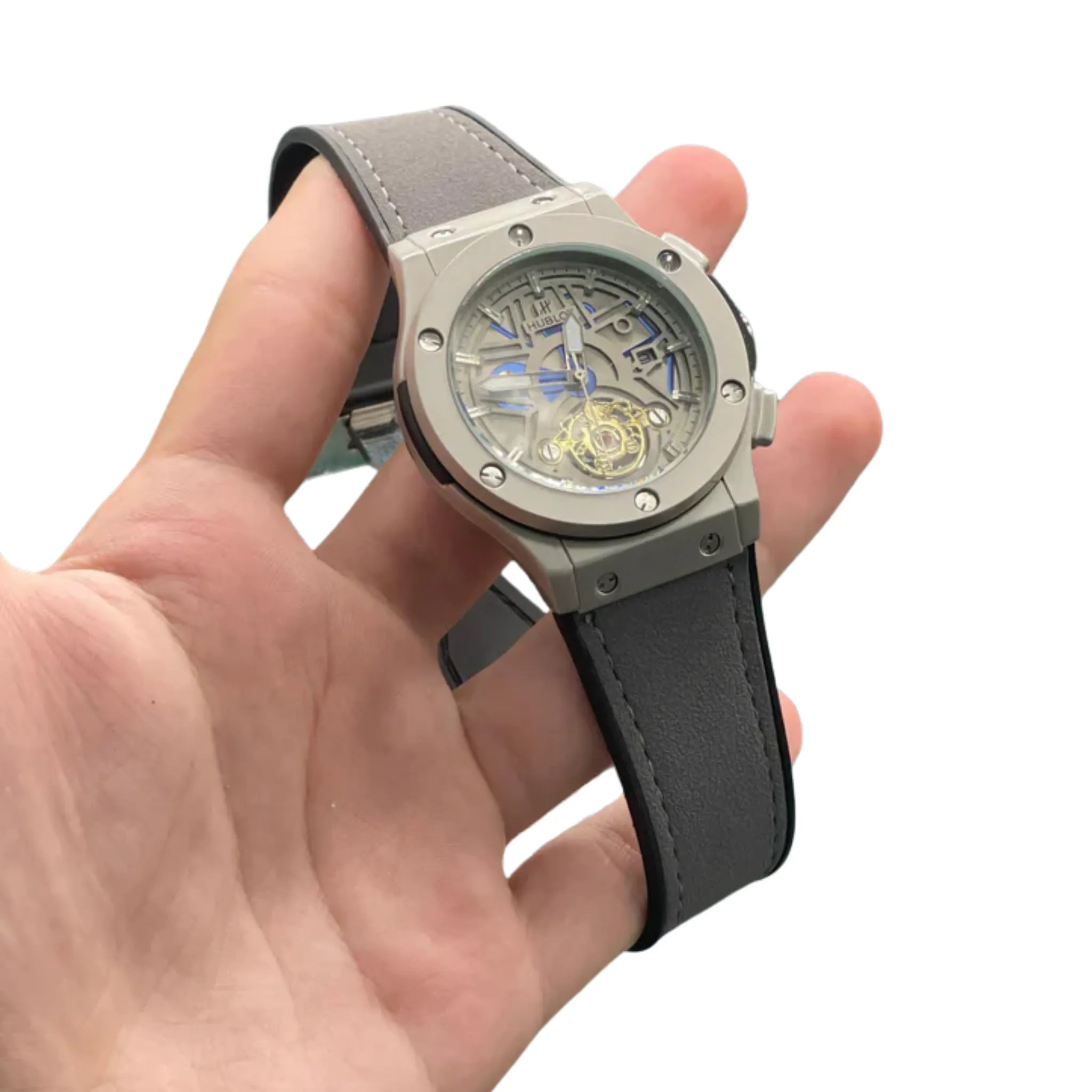 HB Gray Leather Strap Gray Skeleton Dial Automatic Watch – Blue Accent Luxury Edition